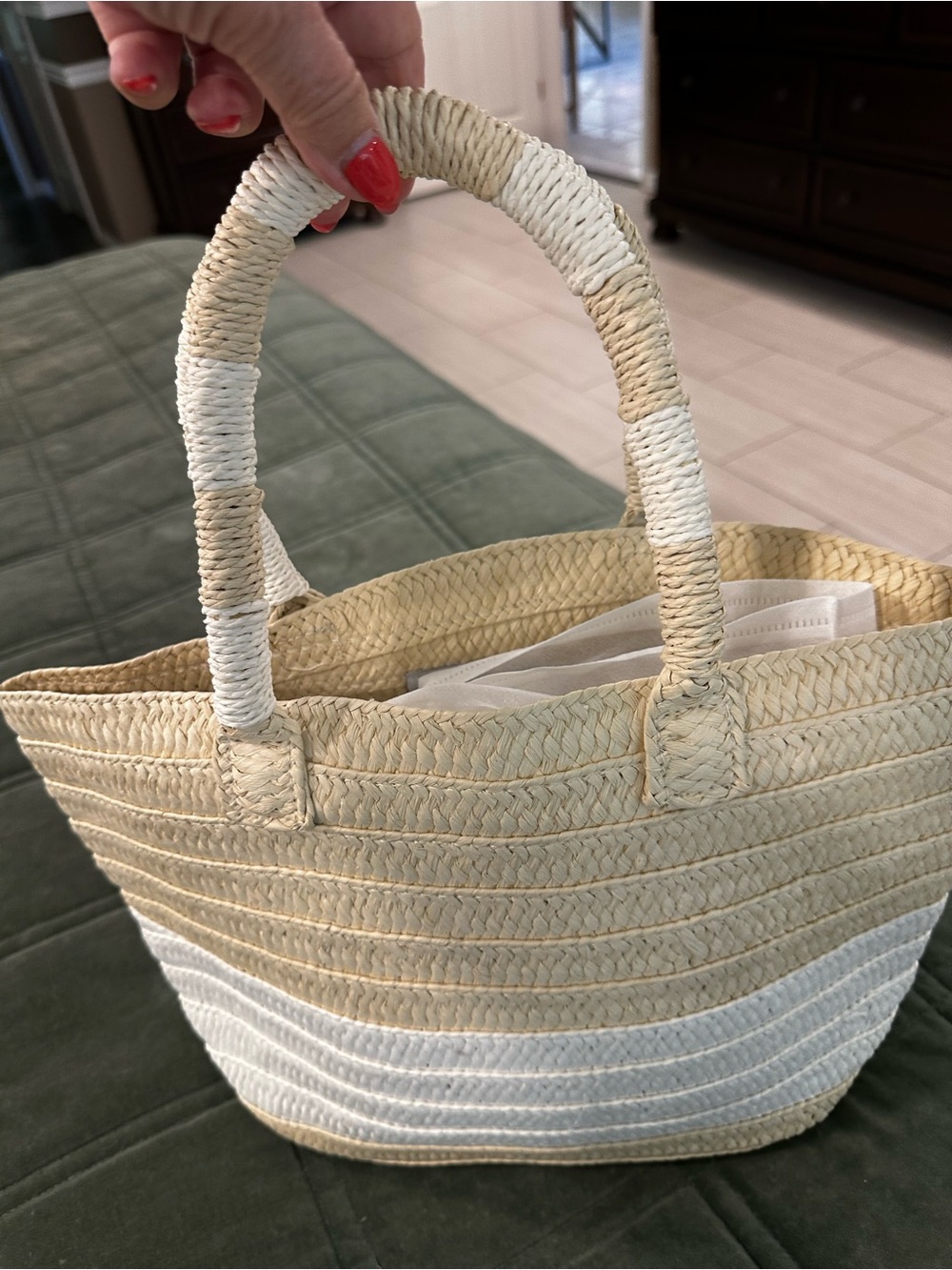 Altru Made for Good Handwoven Straw Bag with blue tassel. New, never used.